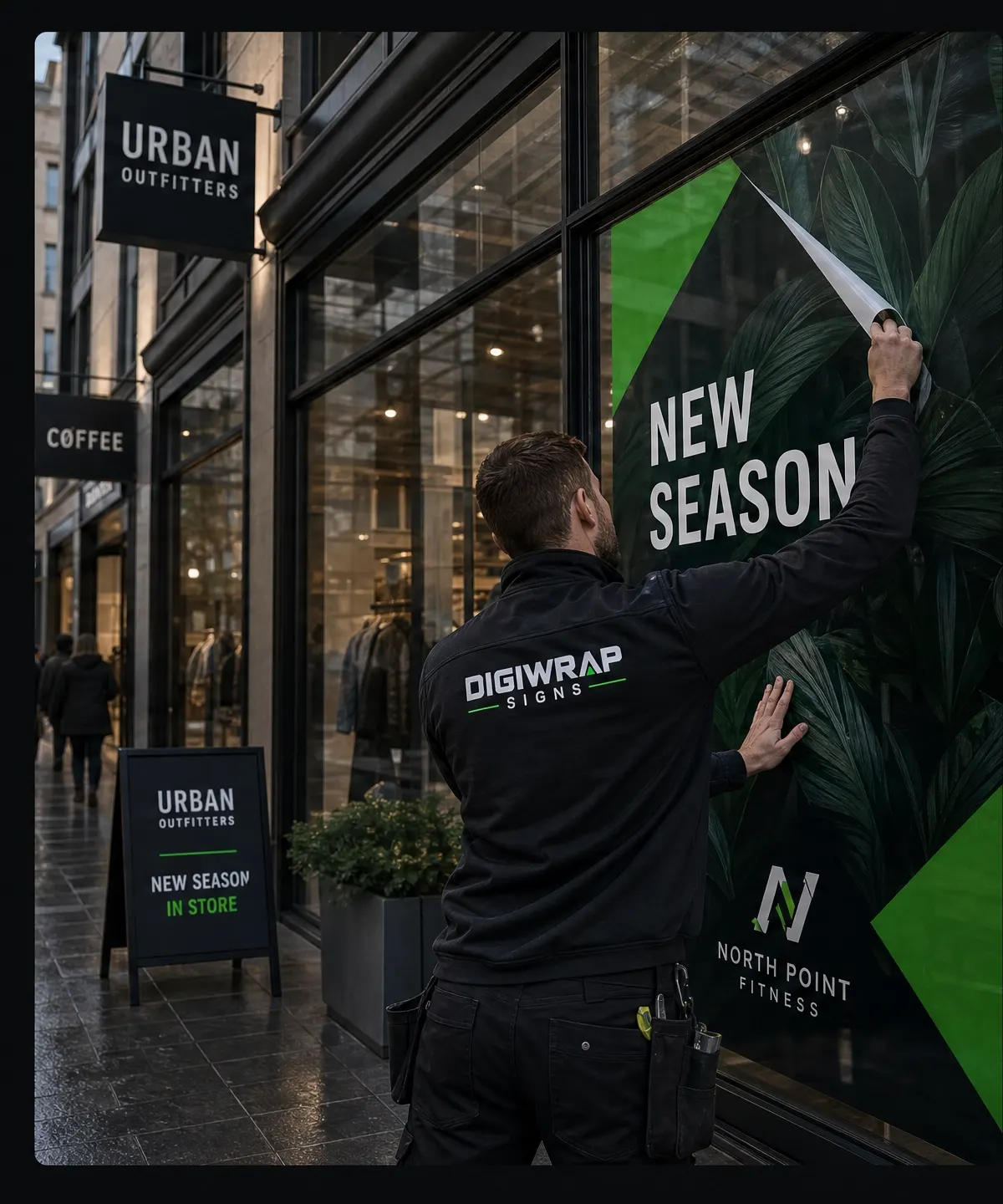 DigiWrap installer applying commercial retail window graphics